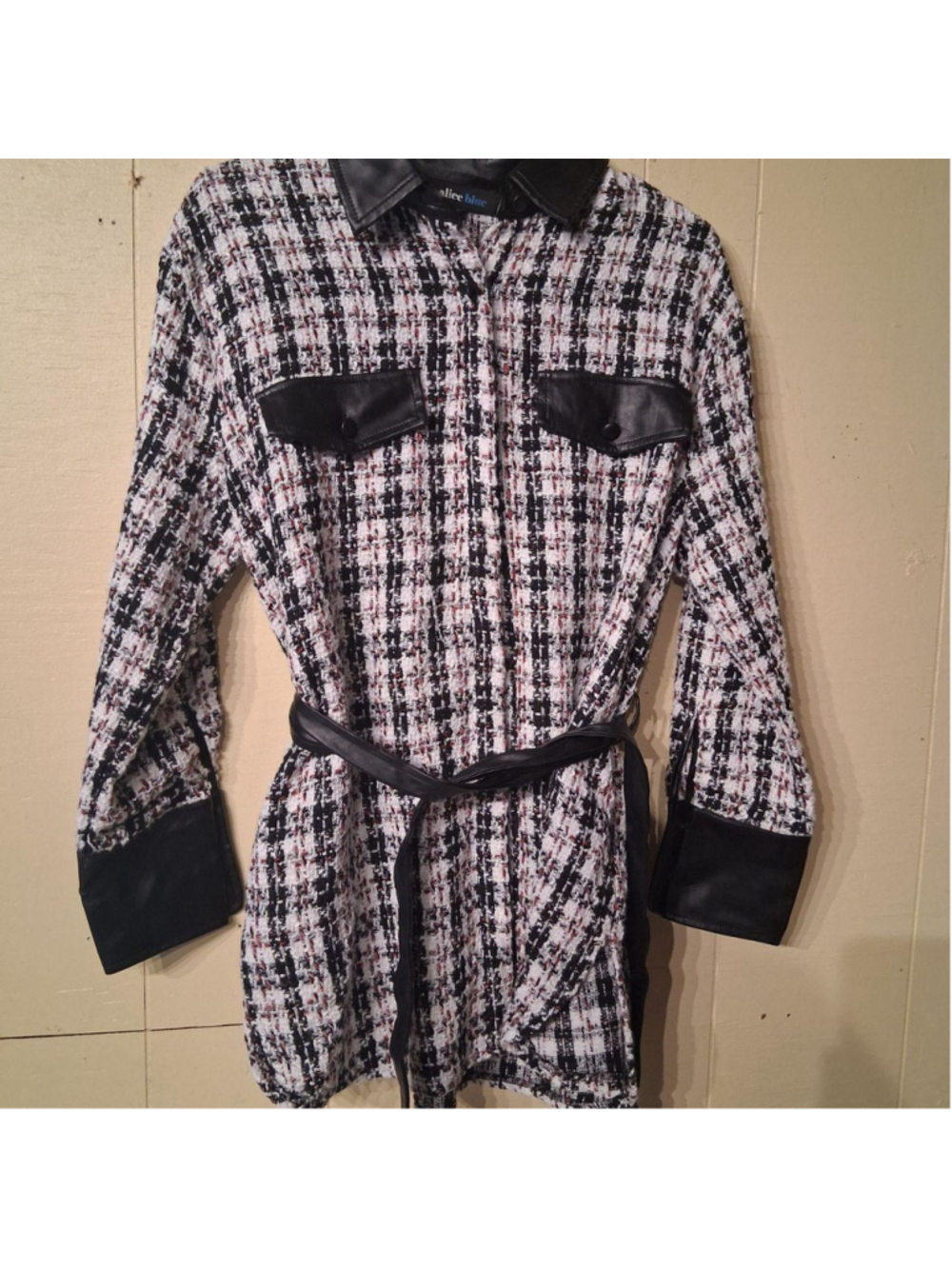 Alice Blue Tweed with Leather Trim
Alice Blue tweed mini dress top in black, whi